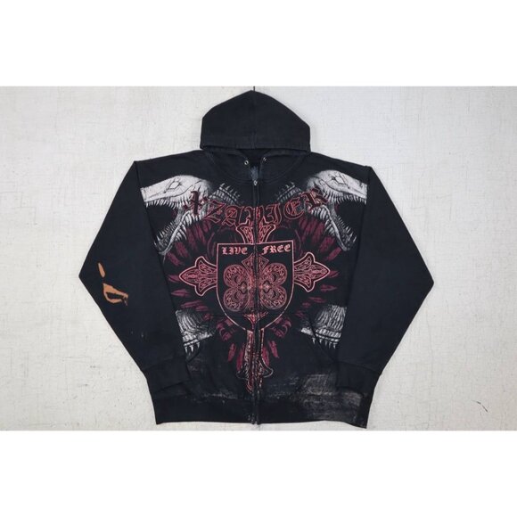 Y2K Xzavier Lizard Skeleton Zip Hoodie Black XL Emo Grunge Style “Live Free” - Picture 1 of 14
